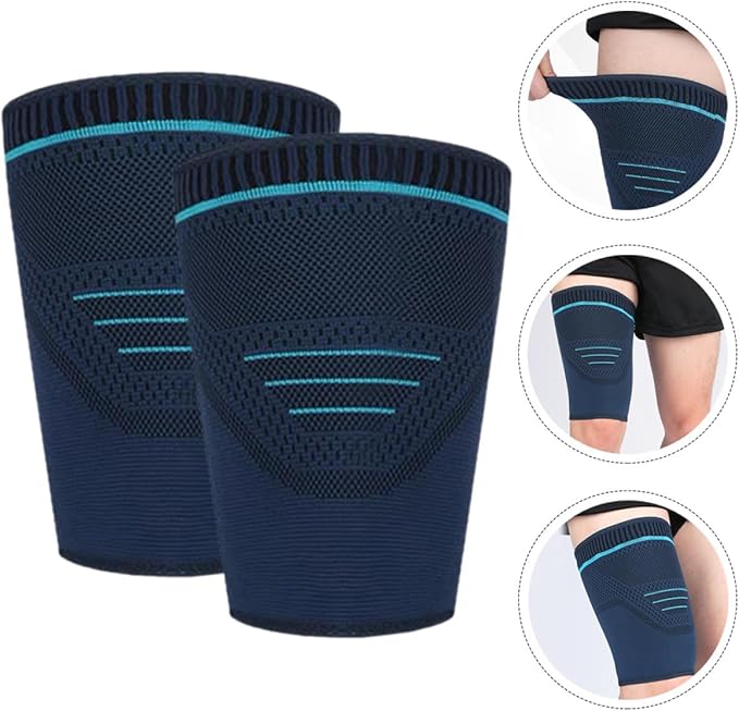 SOLUSTRE 2pcs Sports Compression Leg Sleeves Thigh Band Navy Blue M Breathable Knit Fabric Outdoor Running Leg Support for Men Cycling and Fitness