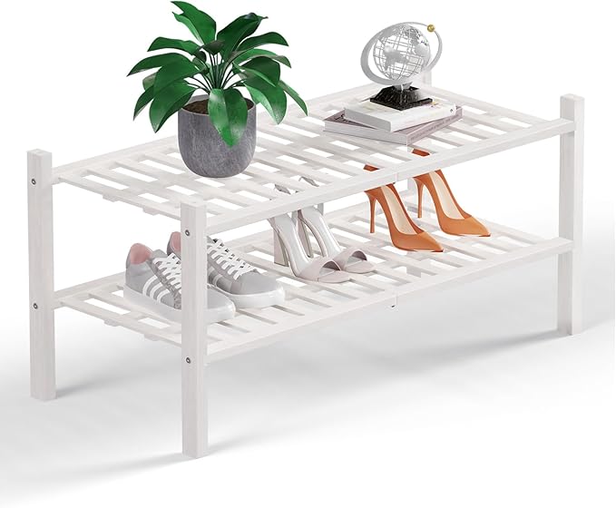 Haddockway 2 Tier Bamboo Shoe Rack Storage Organizer, Multifunctional Free Standing Stackable Shoe Shelf with Grid Panel for Closet,Hallway,Entryway,Small Space 27"x11"x13" (White, 2 Tier)