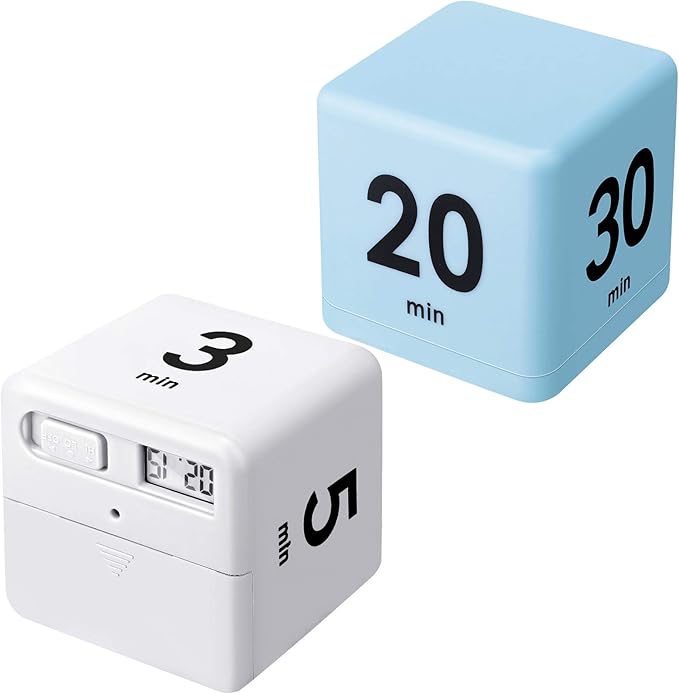 Weewooday 2 Pieces Cube Productivity Timer Flip Gravity Sensor Flip Countdown Countup Workout Timer Management 1 3 5 10 Minutes and 15 20 30 60 Minutes for Work Learning Kitchen Cooking(White, Blue)