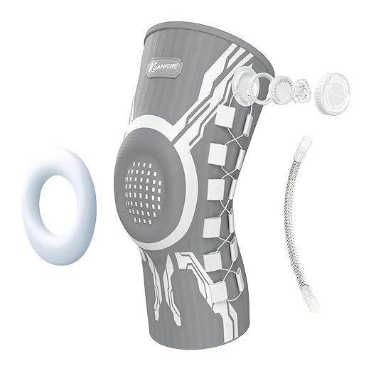 Kuangmi Knob Knee Brace for Pain Relief, Knee Support with Patella Gel Pad & Side Stabilizers, Compression Knee Sleeve for Workout, Arthritis, Joint Pain, Meniscus Tear (Gray White,Left,X-Large,Single)