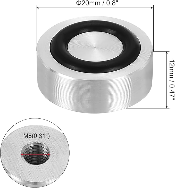 uxcell M8 Thread 20mm / 0.8" Dia 12mm Thick Aluminum Circle Disc Glass Top Adapter 4pcs Round Solid Table Feet Pad Plate Hardware with Anti-Slip Rubber Ring