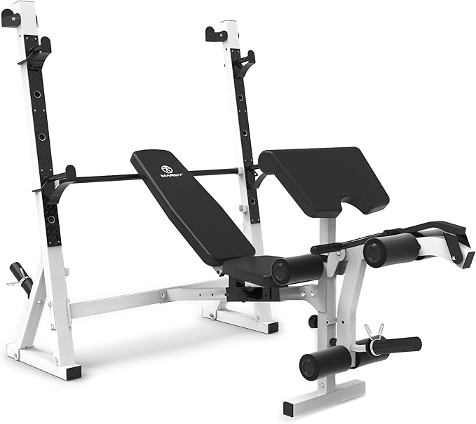 Marcy Olympic Workout Bench for Home Gym Strength Training Equipment with Preacher Curl Pad and Weight Rack Storage, White/Black