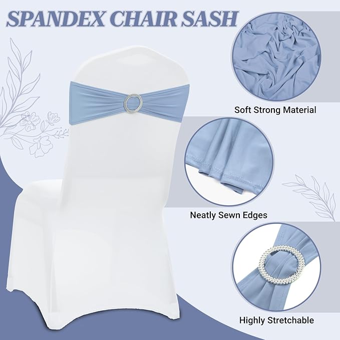 MDS Pack of 150 Spandex Chair Sashes Bows Universal fits Elastic Stretch Chair Bands Ties with Buckle Slider Bow for Wedding Decoration Spandex Slider Sashes Bow - Baby Blue