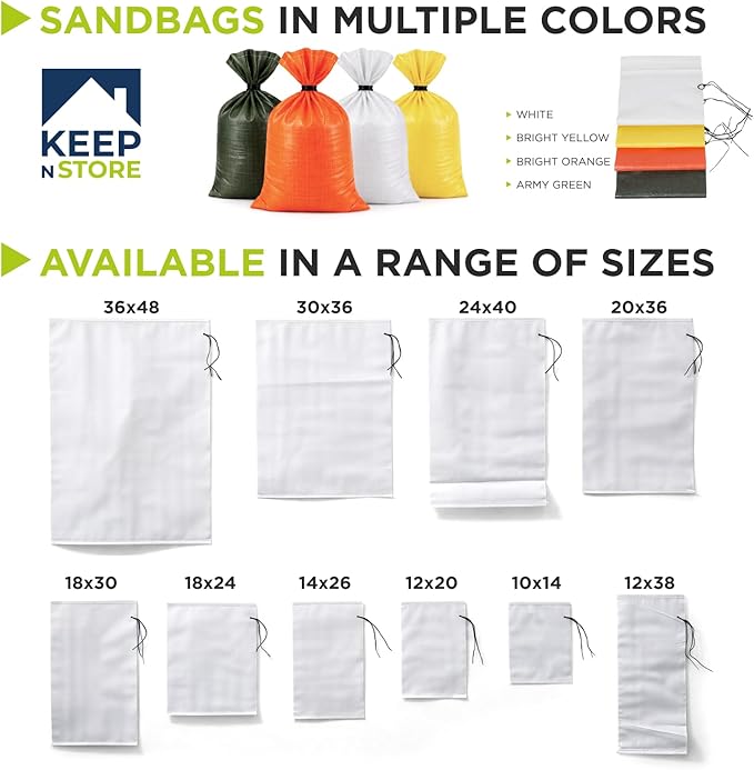 Heavy Duty Sand Bags Pack of 5, White Empty Sandbags with Built-In Ties, Woven Polypropylene UV Protection 1600 Hours, Fillable Bags for Flood Control, Weight, 24x40 inches, 125 Pounds Volume
