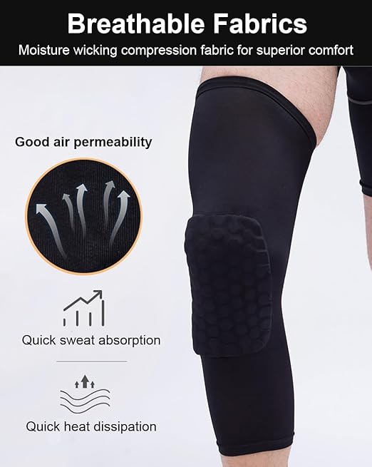 SUJAYU Basketball Knee Pads, 2 Pack Honeycomb Anti Collision Leg Compression Sleeves, Sports Sleeves for Wrestling Football Volleyball Soccer Skating (Large, Black)