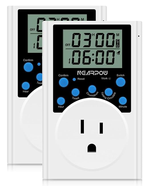 [2 Pack] Timer Outlet, Nearpow Multifunctional Infinite Cycle Programmable Plug-in Digital Timer Switch with 3-Prong Outlet for Appliances, Energy-Saving Timer, 15A/1800W