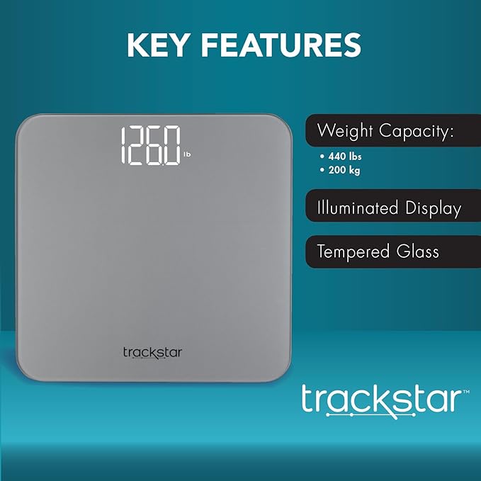 Trackstar Digital Weight Scale | 440 lb Weight Capacity | Trackstar Monitoring App | Bluetooth iOS & Android Compatible | Measure, Track, and Share Results