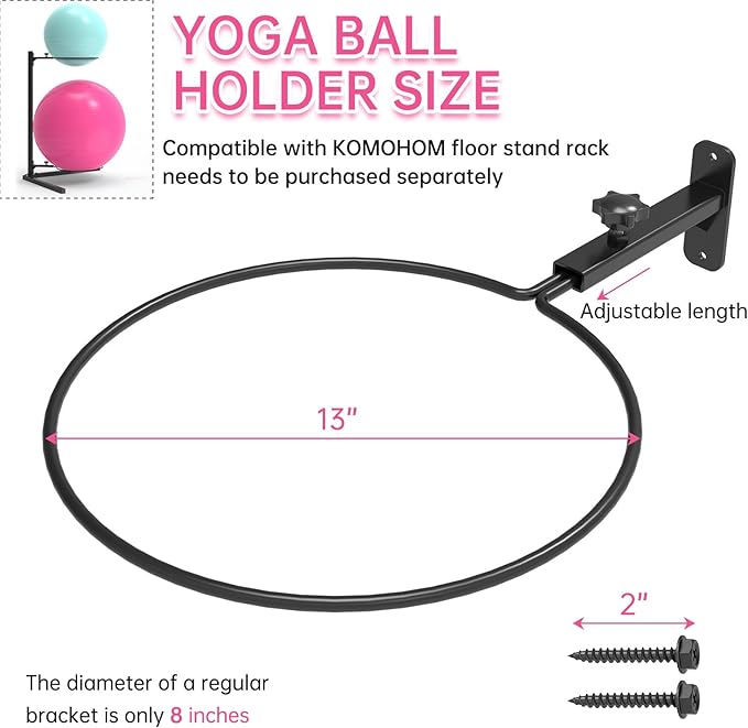 Wall Mount Stability Ball Storage Rack for 26" Large Balls, Adjustable Heavy Duty Exercise Ball Holder for Home Gym, Metal Bracket for Yoga Ball, Swiss Ball, Physio Ball, Medicine Ball