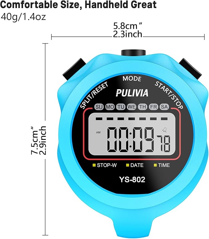 Sports Stopwatch Timer, Single Lap Split Digital Stop Watch for Sports Kids Coaches Swimming Running, Blue