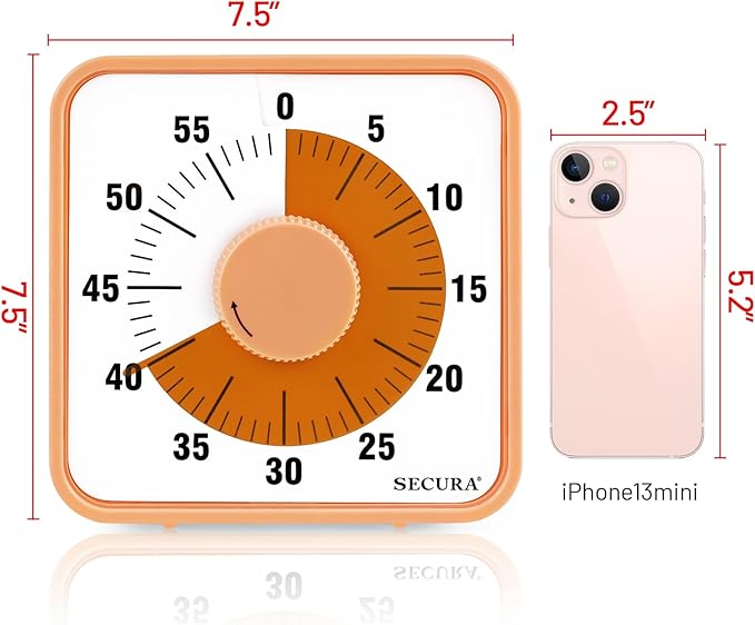 Secura 7.5 Inch Visual Timer, 60 Minute Oversize Countdown Visual Timer for Kids and Adults, Durable Mechanical Time Management Tool (Orange)