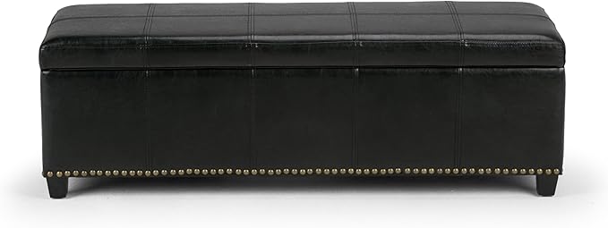 SIMPLIHOME Kingsley 48 inch Wide Transitional Rectangle Large Storage Ottoman in Midnight Black Vegan Faux Leather, Assembled, For the Living Room, Entryway and Family Room