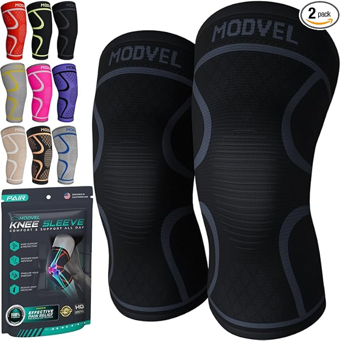 Modvel 2 Pack Knee Brace for Women & Men - Workout Knees Compression Sleeve for Knee Pain Relief Joint Support for ACL, Arthritis, Meniscus Tear Knees Brace for Sports, Rodilleras para Gym Fitness