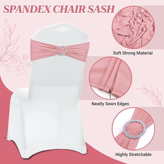MDS Pack of 100 Spandex Chair Sashes Bow Premium Stretch Chair Cover Band with Buckle Slider Universal fits Elastic Dining Chair Ties for Wedding Party Banquet Events Decoration - Dusty Rose