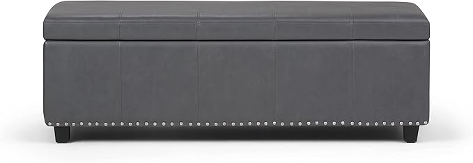 SIMPLIHOME Kingsley 48 inch Wide Transitional Rectangle Large Storage Ottoman in Stone Grey Vegan Faux Leather, Assembled, For the Living Room, Entryway and Family Room