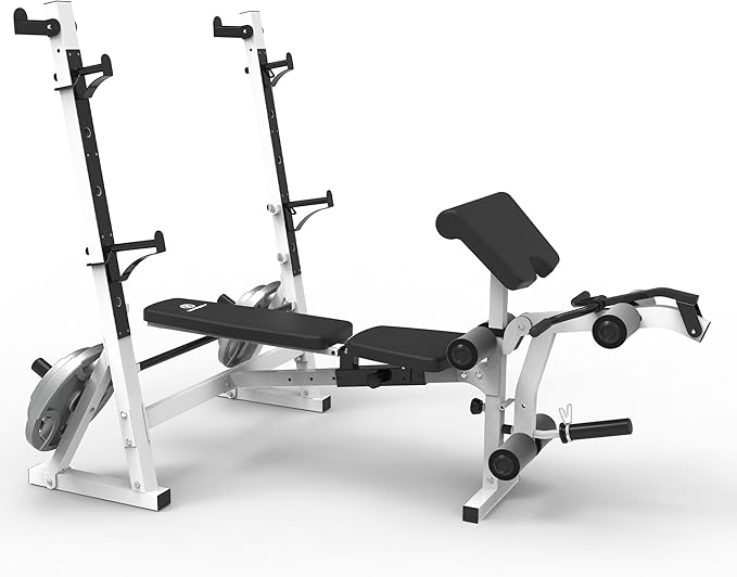 Marcy Olympic Workout Bench for Home Gym Strength Training Equipment with Preacher Curl Pad and Weight Rack Storage, White/Black