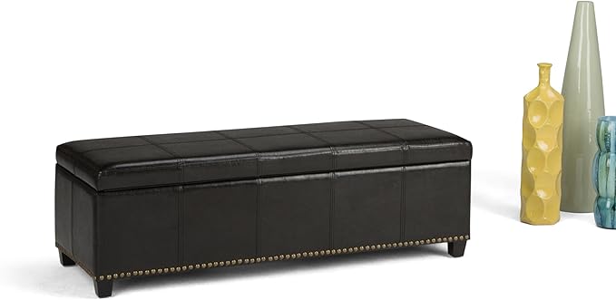 SIMPLIHOME Kingsley 48 inch Wide Transitional Rectangle Large Storage Ottoman in Midnight Black Vegan Faux Leather, Assembled, For the Living Room, Entryway and Family Room