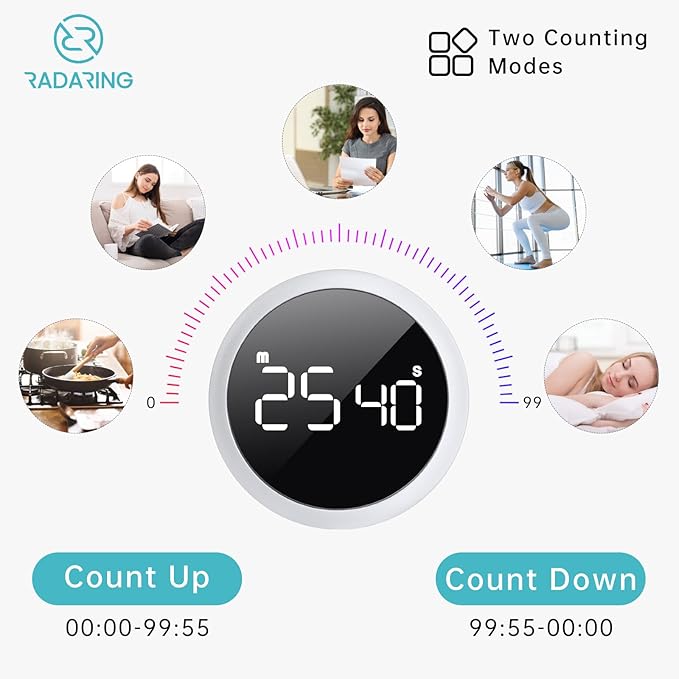 White Quick Que Kitchen Timers, Visual timers Large LED Display Magnetic Countdown Countup Timer for Classroom Cooking Fitness Baking Studying Teaching, Easy for Kids and Seniors (White)