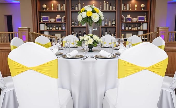 MDS Pack of 10 Spandex Chair Sashes Bows Elastic Stretch Dining Chair Bands Ties Without Slider Buckle Universal fits for Wedding Baby Shower Birthday Party Banquet Event Decoration - Yellow
