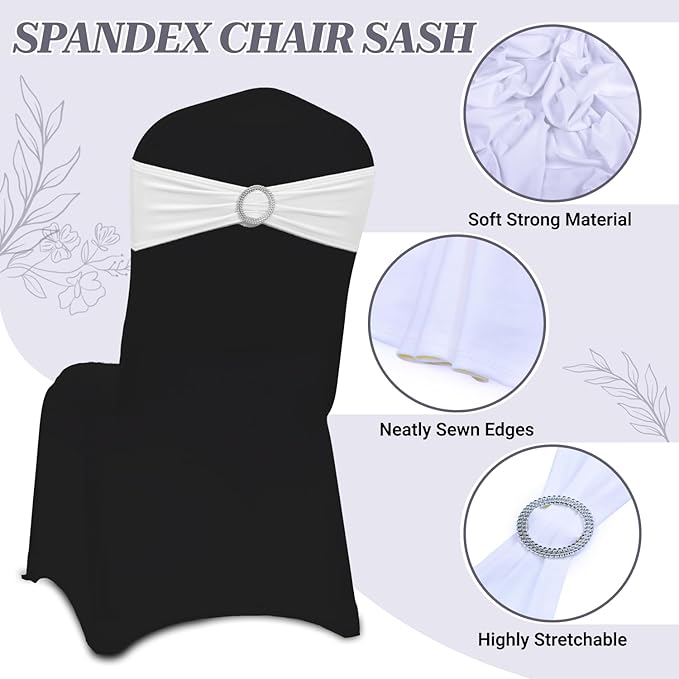 MDS Pack of 75 Spandex Chair Sashes Bow Premium Stretch Chair Cover Band with Buckle Slider Universal fits Elastic Dining Chair Ties for Wedding Party Banquet Events Decoration - White