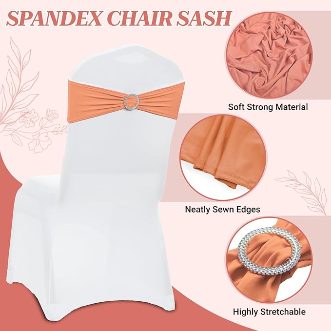 MDS Pack of 10 Spandex Chair Sashes Bow Premium Stretch Chair Cover Band with Buckle Slider Universal fits Elastic Dining Chair Ties for Wedding Party Banquet Events Decoration - Peach