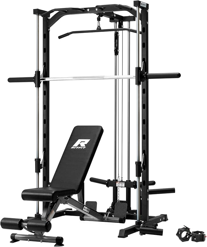 RitFit Smith Machine Power Rack with LAT-Pull Down System, Landmine, Barbell Bar, Plate Storage Pegs and More Training Attachment
