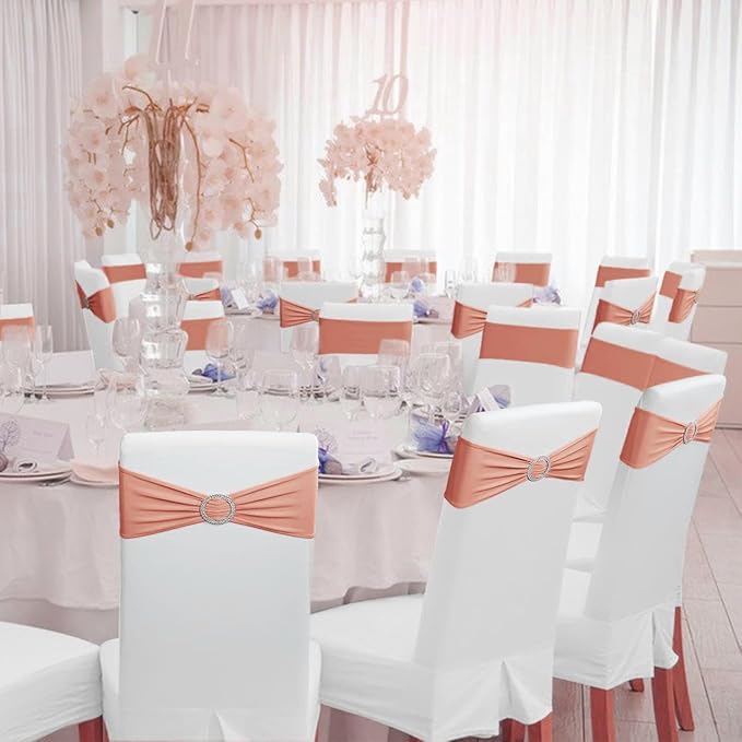 MDS Pack of 25 Spandex Chair Sashes Bow Premium Stretch Chair Cover Band with Buckle Slider Universal fits Elastic Stretch Chair Ties for Wedding Party Banquet Events Decoration - Coral Peach