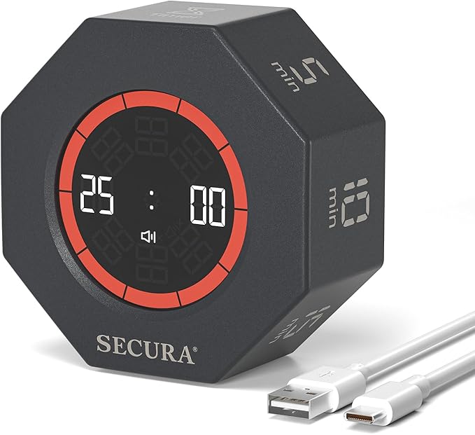 Secura Pomodoro Timer, Rotating Cube Time Tracker, Flip Gravity Sensor with 7 Presets(5/10/15/20/25/50/90 Min), Visual Progress Bar for ADHD, Kids, Tasks, Work, Study (Dark Gray)