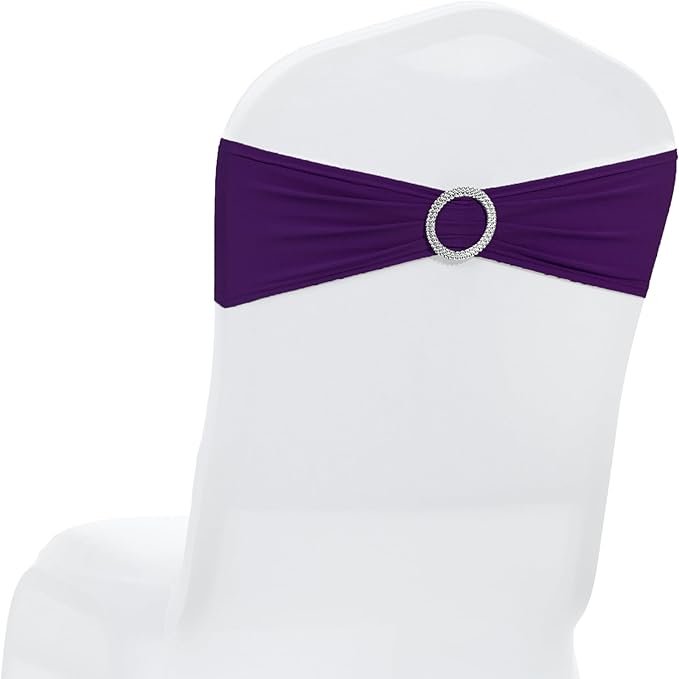 MDS Pack of 100 Spandex Chair Sashes Bow Premium Stretch Chair Cover Band with Buckle Slider Universal fits Elastic Dining Chair Ties for Wedding Party Banquet Events Decoration - Purple