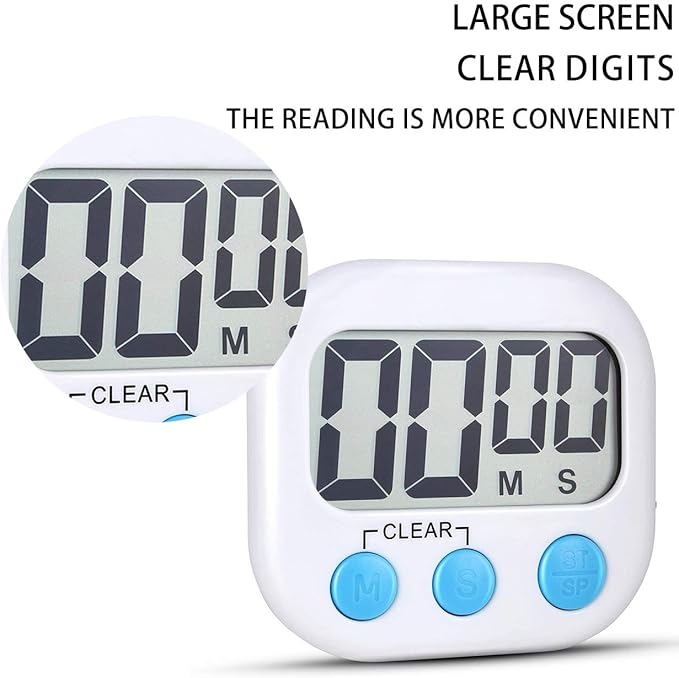2 Pack Digital Kitchen Timer for Cooking Big Digits Loud Alarm Magnetic Backing Stand Cooking Timers for Baking White