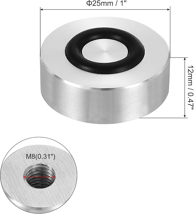 uxcell M8 Thread 25mm / 1" Dia 12mm Thick Aluminum Circle Disc Glass Top Adapter 4pcs Round Solid Table Feet Pad Plate Hardware with Anti-Slip Rubber Ring