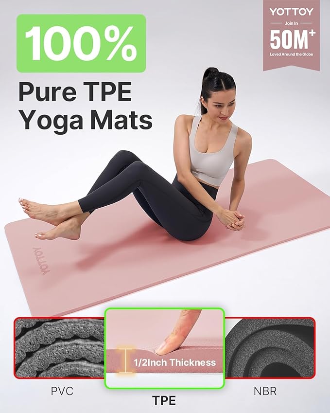 YOTTOY Yoga Mat，Extra Thick Yoga Mat (1/2inch),Professional TPE Exercise Mat,Non-Slip Workout Mat for Yoga, Pilates, Fitness, Barefoot Workouts, Home Gym Studio with Strap