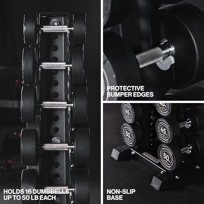 Titan Fitness 8 Pair Vertical Dumbbell Rack, A-Frame Configuration, Fits 16 Dumbbells Up to 50 LB Each, Protective Bumper Cradles, 600 LB Total Capacity, Home Gym Accessories