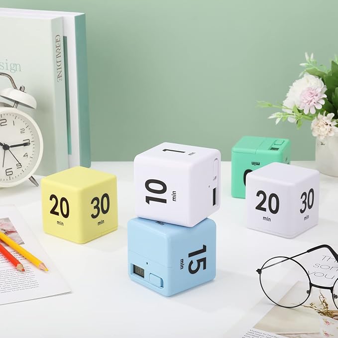 Weewooday 2 Pieces Cube Productivity Timer Flip Gravity Sensor Flip Countdown Countup Workout Timer Management 1 3 5 10 Minutes and 15 20 30 60 Minutes for Work Learning Kitchen Cooking(White, Blue)