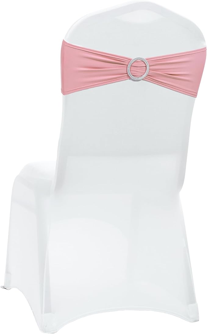 VDS - Dusty Rose | Spandex Chair Sashes Bows | 150 PCS | Stretch Elastic Banquet Universal Folding Chair Band Tie with Silver Buckle Slider for Wedding Party Conference Celebration Event Decoration