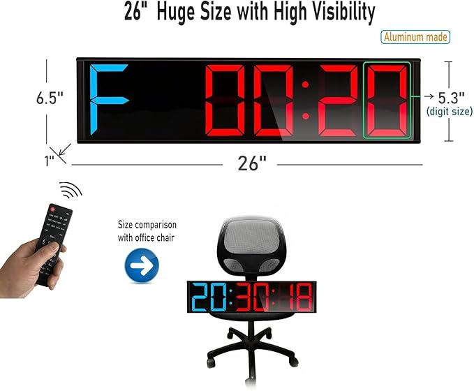 26'' Huge Home Gym Interval Workout Timers, Digital Wall Clock, with Countdown, Stopwatch, 7-Color Light, 8-Alarms, Calendar/Temperature Display, for HIIT/Tabata/FGB/EMOM (Blue & Red)