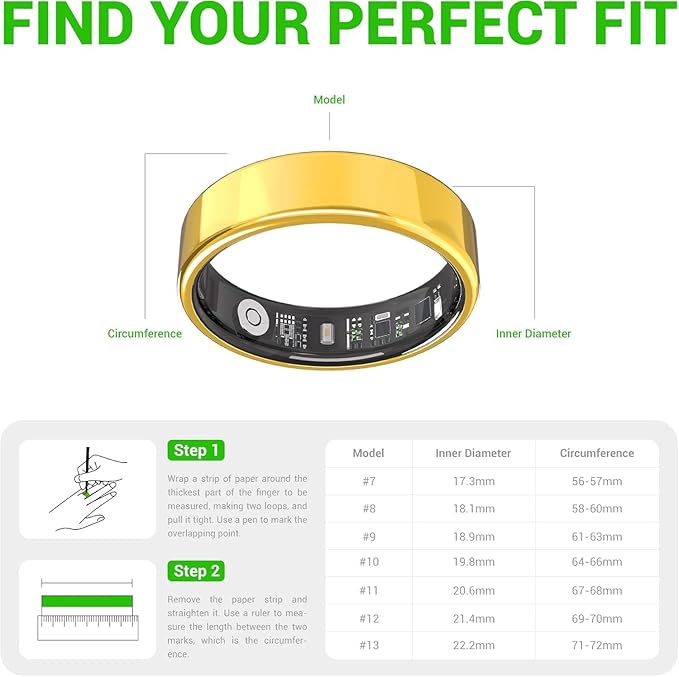 Smart Ring - Free Heart Rate SpO2 Sleep Tracker | No Subscription | IP68 Waterproof Fitness Tracker | 24/7 Activity Monitor | Step Counter & Stress Tracking | Sleep & Workout (Gold, 8)
