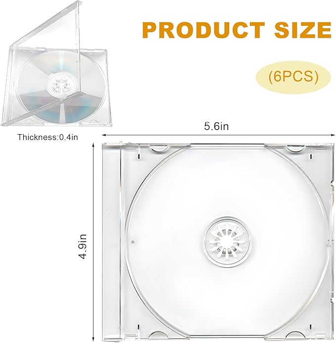 6 PCS Standard Single Clear CD Jewel Case, 10 mm CD Storage Case Disc Collection Organizer with Assembled Tray, Single Disc Protective Covers Plastic Replacement Box (Transparent)