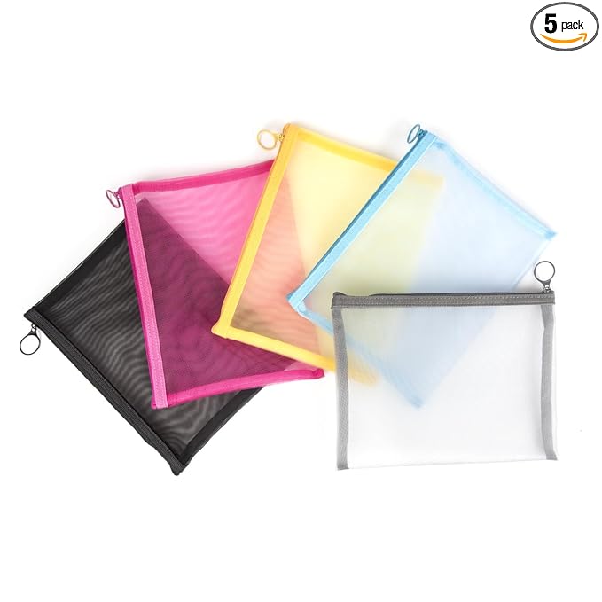 patu Zipper Mesh Bags, 9.25" x 7", Size L / A5, 5 Pieces, Beauty Makeup Cosmetic Accessories Organizer, Travel Toiletry Kit Set Storage Pouch, Assorted Colors