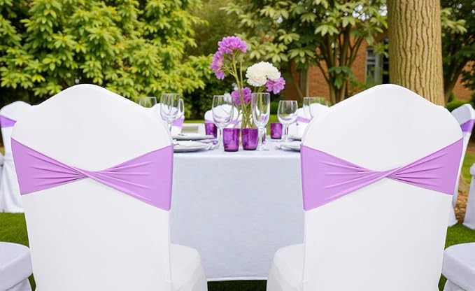 VDS Pack of 100 PCS | Light Purple | Spandex Chair Sashes Bows Without Buckle | Stretch Elastic Banquet Universal Folding Chair Band Tie with for Wedding Party Conference Celebration Event Decoration