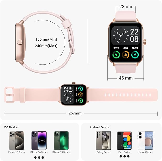 Smart Watches for Women,1.85" HD Display Compatible iPhone/Android (Answer/Make Calls),110+ Sport Modes Fitness Tracker with Heart Rate/Sleep/Sp02 Monitor,200+watch Face IP68 Waterproof (Pink, 1.85)
