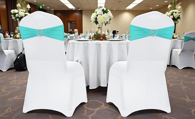 VDS - Aqua Blue | Spandex Chair Sashes Bows | 10 PCS | Stretch Elastic Banquet Universal Folding Chair Band Tie with Silver Buckle Slider for Wedding Party Conference Celebration Event Decoration