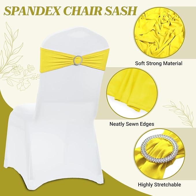MDS Pack of 200 Spandex Chair Sashes Bows Universal fits Elastic Stretch Chair Bands Ties with Buckle Slider Bow for Wedding Decoration Spandex Slider Sashes Bow - Yellow