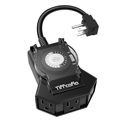 TiFFCOFiO Outdoor Timer Outlet Waterproof, 24 Hour Mechanical Light Timer Outdoor, 3 Grounded Outlets for Home and Garden, 15A 1/2HP, Heavy Duty, ETL Listed (1 Pack)
