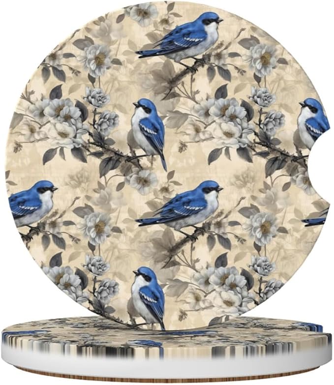 Car Cup Holder Coasters, 2 Pcs Ceramic Coasters with Finger Slot and Cork Back, Anti-Slip Shock Absorbing Women and Men Universal Car Accessories - Blue Bird