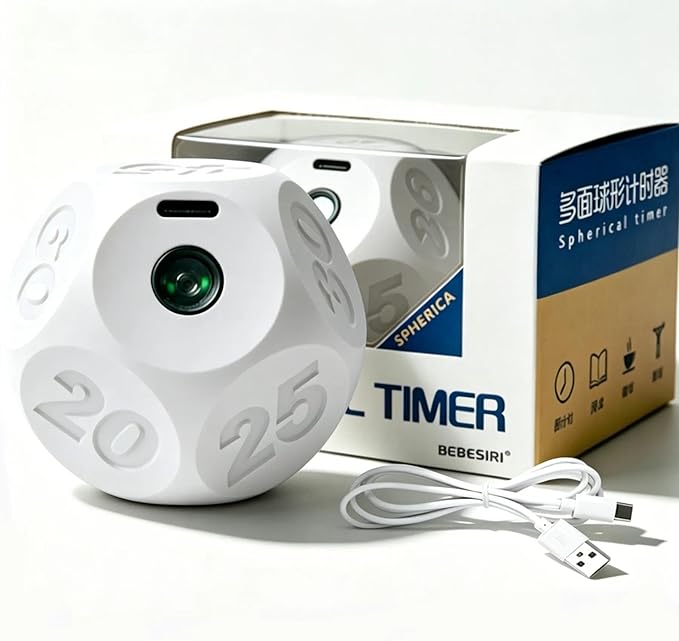 Cube Kitchen Timer - Rechargeable Countdown Timer with 1-3-5-10-15-20-30-45-60-90 Minute Presets for Cooking, Baking, Classroom, Exercise (White)