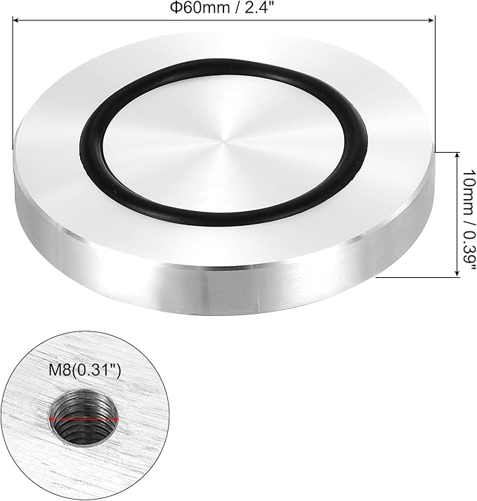 uxcell M8 Thread 60mm / 2.4" Dia 10mm Thick Aluminum Circle Disc Glass Top Adapter 4pcs Round Solid Table Feet Pad Plate Hardware with Anti-Slip Rubber Ring