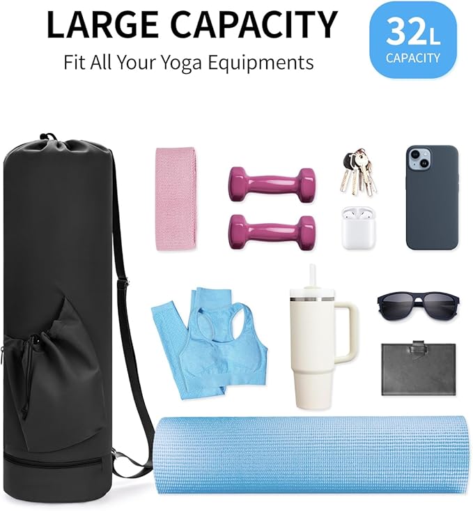 sportsnew Yoga Mat Bag with Water Bottle Pocket and Bottom Wet Pocket, Exercise Yoga Mat Carrier Multi-Functional Storage Bag, Patent pending