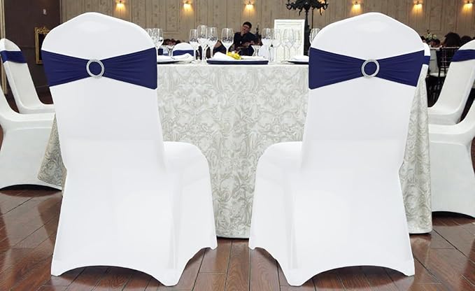 MDS Pack of 25 Spandex Chair Sashes Bow Premium Stretch Chair Cover Band with Buckle Slider Universal fits Elastic Stretch Chair Ties for Wedding Party Banquet Events Decoration - Navy Blue