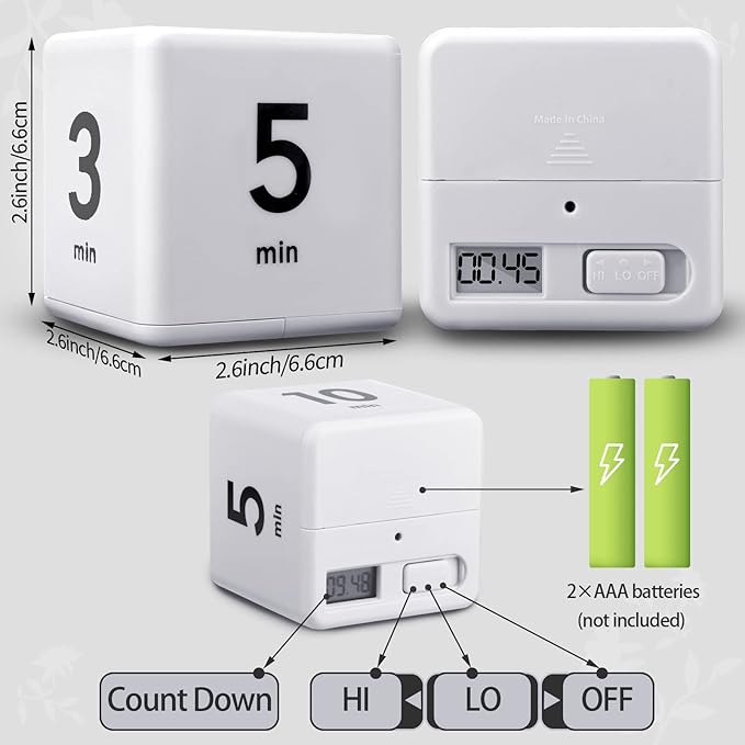 Weewooday 2 Pieces Cube Productivity Timer Flip Gravity Sensor Flip Countdown Countup Workout Timer Management 1 3 5 10 Minutes and 15 20 30 60 Minutes for Work Learning Kitchen Cooking(White, Blue)
