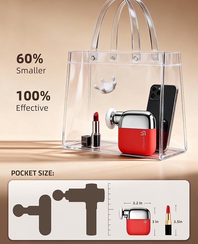 Mini Massage Gun, Pocket Sized Deep Tissue Percussion Muscle Massager, 0.4lb Ultra-Lightweight Portable Handheld Massage Gun for Travel, Gym, Office, 3 Speeds, 4 Heads, Red